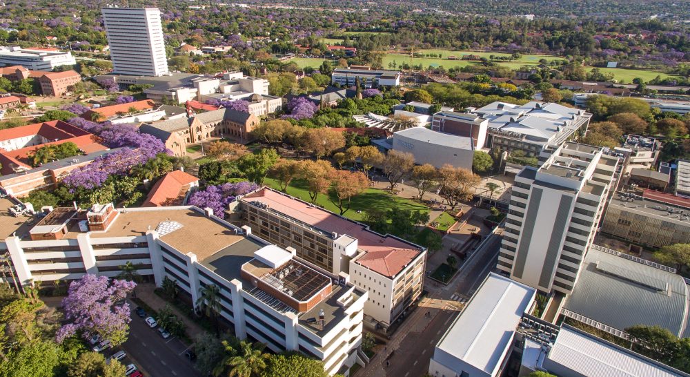 Aerial view of University of Pretoria with jacaranda trees